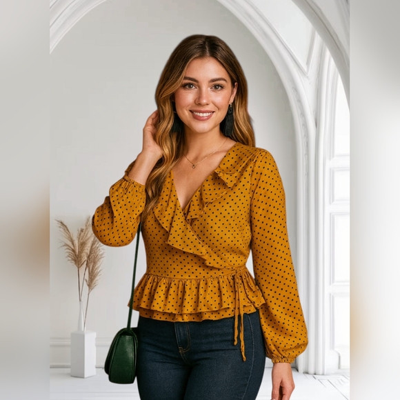 So Lovrie Tops - Ruffled Wrap Polka Dot Top